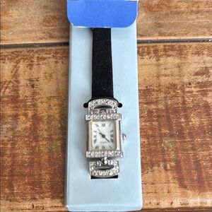 Vintage Avon Elegant Black and Silver Watch with Rhinestones